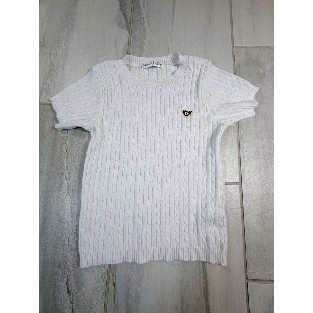 Carmen Steffens White Cable Knit Short Sleeve Sweater Logo Top S